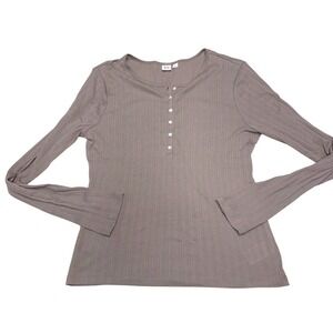 NWOT GAP Women Large Taupe Brown Pointelle Ribbed Henley Long Sleeve Cotton